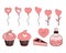 Set of balloons and a flower in the shape of a heart. Cupcakes, a piece of cake and a wish jar with heart figurines. Valentine`s