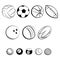 Set of balls. Collection of gaming balls. Black white illustration of balls for sport. Linear art. Tattoo.