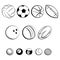 Set of balls. Collection of gaming balls. Black white illustration of balls for sport. Linear art. Tattoo.