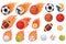 Set of balls in the flame. Collection of sports burning balls. Vector illustration of balls for play.