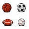 Set of balls for football or soccer, basketball, american football or rugby, baseball. Collection of sports equipment colrful