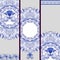 Set of banners or backgrounds based on ethnic painting on porcelain. Blue floral pattern.