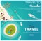 Set of banners Colorful Travel to Paradise. Tropical beach. Best cruise. Vector flat banner for your business.