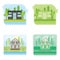 Set of banners with modern ecological houses. Suburban family home or tourist house in flat design. Green silhouette.