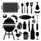 Set of barbecue food and utensils black icons, isolated