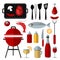 Set of barbecue food and utensils elements, flat design,