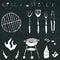 Set of Barbecue Tools: BBQ Fork, Tongs, Grill with Meat, Fire, Ketchup, Bull Horns. on a Black Chalkboard
