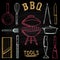 Set of barbecue tools drawn in colored chalk on a blackboard. Hot brazier, grater to peel, blender, frying pan, tongs, knife.