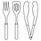 A set of barbecue tools. Sketch. A large barbecue fork with three prongs, a spatula and tongs. Vector illustration. Coloring book