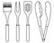 A set of barbecue tools. Sketch. Meat fork with two prongs, spatula, tongs and silicone brush. Vector illustration. Coloring.