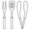 A set of barbecue tools. Sketch. Meat fork with two prongs, spatula and tongs. Vector illustration. Outline on isolated background