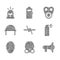 Set Barbed wire, Gas mask, Megaphone, Pepper spray, Special forces soldier, Military helmet, and Flasher siren icon