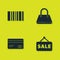 Set Barcode, Hanging sign with Sale, Credit card and Handbag icon. Vector