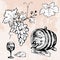 Set of barrel of wine, grape, wineglass and cheese