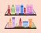 Set of basic Skincare Products on Shelves for the skincare routine. Collection of jars and bottles of cream, lotion, serum,