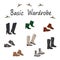 Set about a basic wardrobe. For work, leisure, shopping, travel, holidays. Boots  shoes sneakers  boots heels. Vector isolated ima