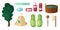Set of bathhouses in cartoon style. Vector illustration of baths, brush, soaps, towels, slippers, bath caps, oak broom