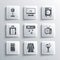 Set Bathrobe, Martini glass, Retro tv, Air conditioner, Refrigerator, Lift, Parking and Washer icon. Vector