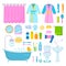 A set of bathroom accessories: a bathrobe, a toilet, a washbasin with a mirror, gels, shampoo, toothpaste and a brush, a bathroom