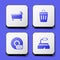 Set Bathtub, Trash can, Washing dishes and Brush for cleaning icon. White square button. Vector