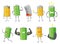Set of Battery man standing, smile, sad or running. Full charged green battery. Low yellow and red indication. Element