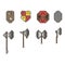 A set of battle axes and shields in pixel style