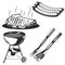 Set of bbq elements: grill, meat, fork, sausages for creating your own badges, logos, labels, posters etc. Isolated on white