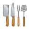 Set BBQ utensils. Spatula, fork, knifes. Vector color engraving