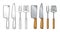 Set BBQ utensils. Spatula, fork, knifes. Vector color engraving