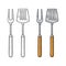 Set BBQ utensils. Spatula, fork. Vector engraving isolated on white