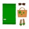 Set of beach green towel, wicker bag, sandals and sunglasses, isolated on white background