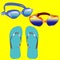 Set for a beach holiday, accessories: glasses, underwater glasses, Flip flops. Set on a sunny background.