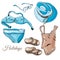 Set of beach vacation items. Hand drawn sketch of different elements isolated on white background.