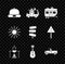 Set Beanie hat, Rv Camping trailer, Campfire and pot, Guitar, Pickup truck, Sun and Road traffic signpost icon. Vector