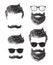 Set of bearded men faces, hipsters with different haircuts mustaches beards. Silhouettes emblems icons labels.