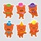 Set of bears. funny cartoon dancing bears in hats and ties. Vector isolated collection of happy emotions. Hand draw