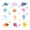 Set of beautiful aquatic animals in different colors