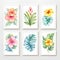 Set of beautiful canvases adorned with colored pastel flowers in elegant frames