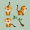 Set of beautiful character tigers on green background. Vector illustration charming animals in different poses front and side view