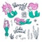 Set of beautiful mermaids with pink hair. Vector illustrations.