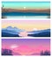A set of beautiful natural landscapes with mountains and a river.Vector illustration of colorful sunsets and sunrises