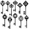 Set of beautiful ornate vintage keys. Black and white.