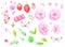 Set of beautiful pink watercolor sakura flowers, cherry blossom,leaves,butterflies,strawberries,chocolate and decorative branches