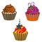 Set of beautiful tasty creamy New Year`s cupcakes in the shape, vector.