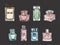 Set of beautiful vector perfume bottles bright colored, linear icons. Fragrance, perfume, essences,â€‚Eau de toilette, scent.