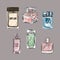 Set of beautiful vector perfume bottles bright colored, linear icons. Fragrance, perfume, essences,â€‚Eau de toilette, scent.