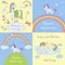 Set of beautiful vector unicorns illustrations with clouds, rainbows, stars, magic tools.