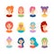 Set of beautiful women with different hairstyles and hair color. Collection of cute girls avatars. Vector illustration isolated on
