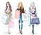 Set of beautiful young girls with shopping bags. Fashion women. Shopping day concept. Stylish sketch.