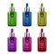 A set of beauty serum dropper bottles of different color on white background. The set contains green, blue, oliv